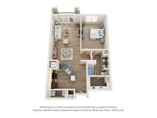 A 3D floor plan of a small apartment with a kitchen, living room, and bathroom.