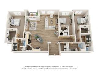A 3D floor plan of a house with a kitchen, living room, and bedrooms.