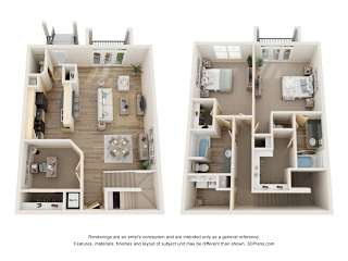 A floor plan of a two-bedroom apartment with a kitchen and living room.