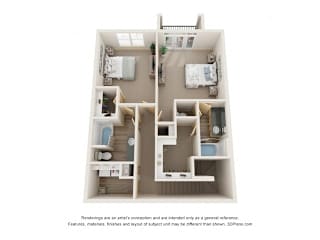 A 3D floor plan of a small apartment with two bedrooms, a living room, and a kitchen.