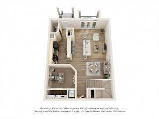 A 3D floor plan of a small apartment with a kitchen, living room, and bathroom.