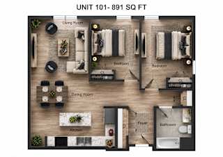 A floor plan of a 891 square foot apartment with a living room, two bedrooms, a dining room, a kitchen, a foyer, and a bathroom.