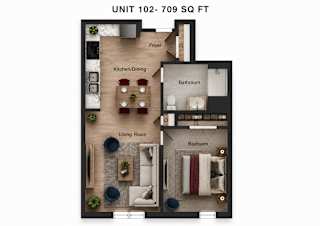 A floor plan of a 709 square foot apartment with a living room, kitchen/dining area, bathroom, and bedroom.