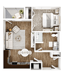 A top-down view of a small, neatly organized apartment with a kitchen, living room, and bathroom.
