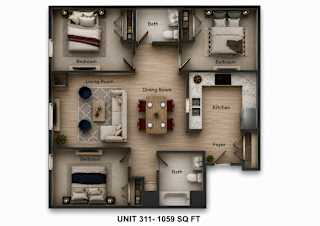 A floor plan of a 1059 square foot apartment with two bedrooms, a living room, a dining room, a kitchen, a foyer, and a bathroom.