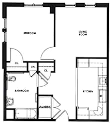 A black and white image of a floor plan for a small apartment.
