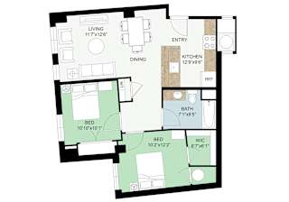 A floor plan of a house with a living room, dining room, kitchen, two bathrooms, and three bedrooms.