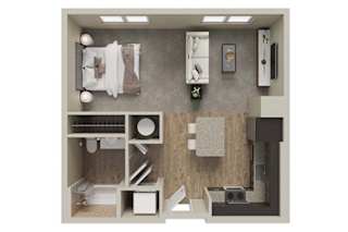 A 3D rendered image of a small apartment with a bedroom, bathroom, and kitchen.