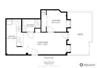 A floor plan for a home with a living room, kitchen, bathroom, and bedroom at Tallmadge Lofts in Denver, CO 80211