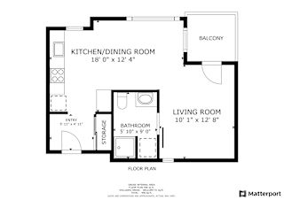 A floor plan of a living space with a kitchen, dining room, and bathroom.