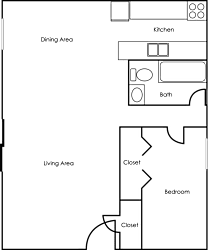 A floor plan of a house with a kitchen, dining area, living area, two closets, and a bath.