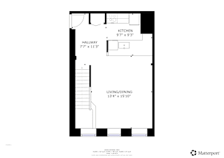 A floor plan of a kitchen, hallway, and living/dining area at Tallmadge Lofts in Denver, CO 80211