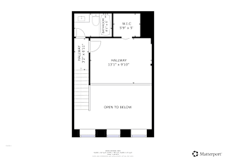 A floor plan for a Matterport product shows a room with a hallway, a bathroom, and a workspace at Tallmadge Lofts in Denver, CO 80211