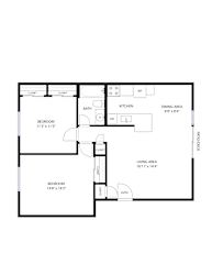 A floor plan of a house with a living area, dining area, kitchen, two bedrooms, a bathroom, and an entry.