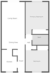 A floor plan of a house with a living room, dining area, kitchen, foyer, hall, bath, and bedroom.