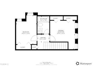 A floor plan for a home with a primary bedroom, a bathroom, and a landing.