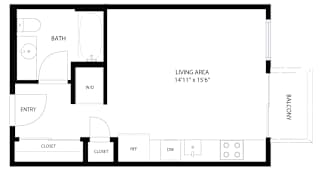 A black and white image of a floor plan for a living space.