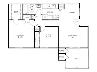 A floor plan of a house with two bedrooms, a living area, a kitchen, a dining room, a bathroom, a walk-in closet, a pantry, a storage area, and a patio.