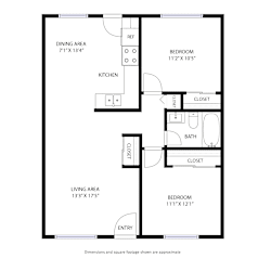 A black and white image of a floor plan for a home with a dining area, kitchen, living area, and two bedrooms.
