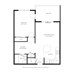 A black and white floor plan of a house with a balcony, bedroom, living/dining area, kitchen, bathroom, hallway, office nook, closet, entry, and a reference to a dining table.