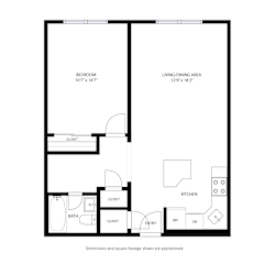 A black and white floor plan of a small apartment with a bedroom, living/dining area, kitchen, bathroom, entry, and closets.