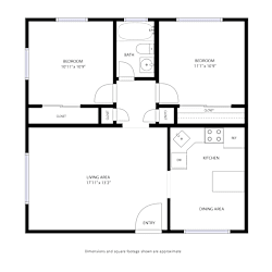 A floor plan of a house with two bedrooms, a living area, a dining area, a kitchen, a bathroom, and two closets.