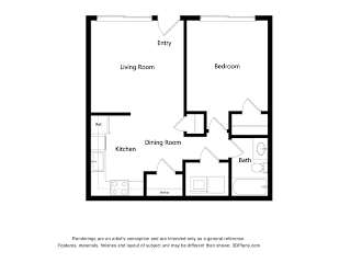 A black and white drawing of a house layout with a living room, dining room, kitchen, and bedroom.