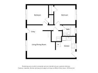 A floor plan of a house with two bedrooms, a living/dining room, a kitchen, and a bathroom.