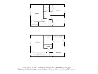Two floor plans of a house with a living room, dining room, kitchen, and three bedrooms.