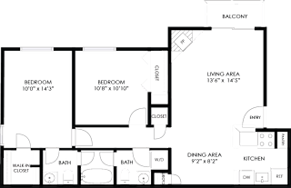 A floor plan of a house with two bedrooms, a living area, a kitchen, a dining area, a bathroom, and a walk-in closet.