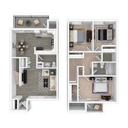 Two images of apartment layouts with furniture.
