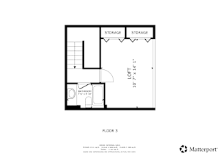 A black and white image of a floor plan for a room with a bathroom and storage space.