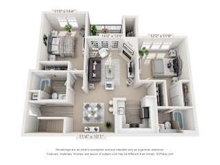 A 3D floor plan of a small apartment with a kitchen, living room, and two bedrooms.