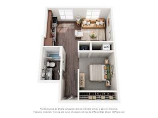 A 3D floor plan of a small apartment with a kitchen, living room, and bathroom.
