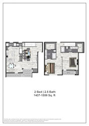 A floor plan for a 2 bedroom, 2.5 bath home sized at 1437-1559 square feet.
