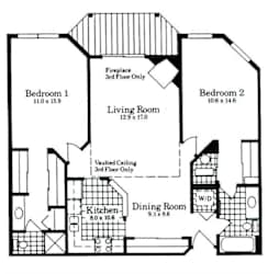 A black and white image of a floor plan for a house with two bedrooms, a living room, a dining room, a kitchen, and a vaulted ceiling on the third floor.