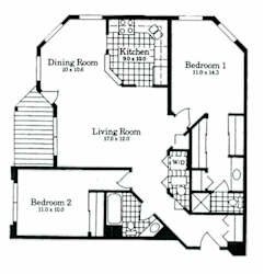 A black and white image of a house floor plan with a kitchen, dining room, living room, and two bedrooms.