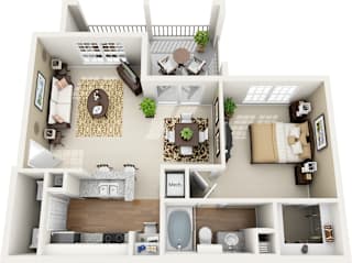 A 3D floor plan of a house with a kitchen, living room, and bathroom.