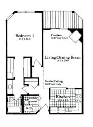 A drawing of a floor plan for a house with a living room, kitchen, and two bedrooms.