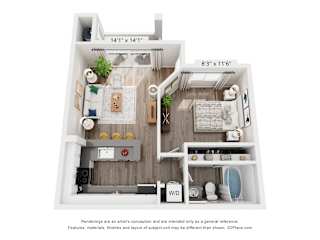 A 3D floor plan of a small apartment with a living room, kitchen, and bathroom.