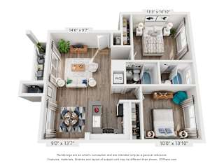 A 3D floor plan of a small apartment with a kitchen, living room, and bathroom.