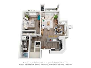 A 3D floor plan of a small apartment with a kitchen, living room, and two bedrooms.