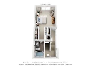 A 3D floor plan of a small apartment with a kitchen, living room, and bathroom.