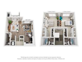 A floor plan of a small apartment with two bedrooms and a living area.