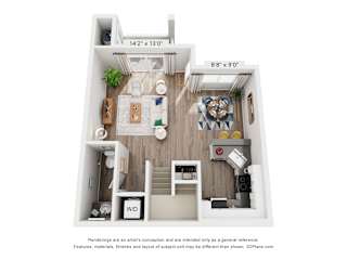 A 3D floor plan of a small apartment with a kitchen, living room, and bathroom.