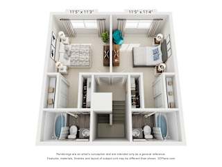 A floor plan of a small apartment with two bedrooms and a living area.