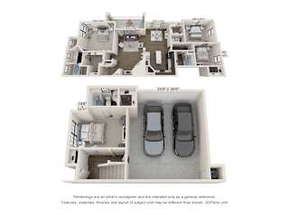 A 3D floor plan of a house with two bedrooms, a living room, a kitchen, and a garage.