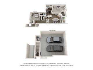 A 3D floor plan of a house with a garage and a car.