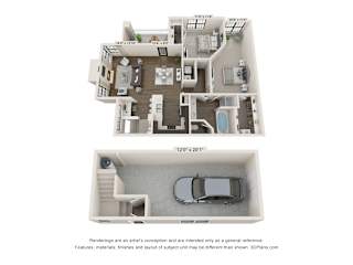 A 3D floor plan of a house with a garage.