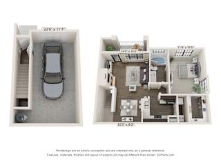 A diagram shows two floor plans of an apartment, one from the top and one from the bottom.